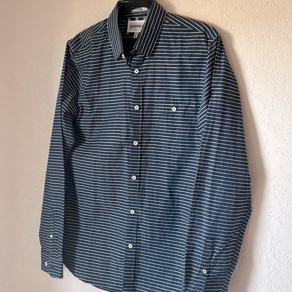 Express Men's Navy Blue Fitted Dress Shirt | Size M | Work/Formal | 15.5" Neck